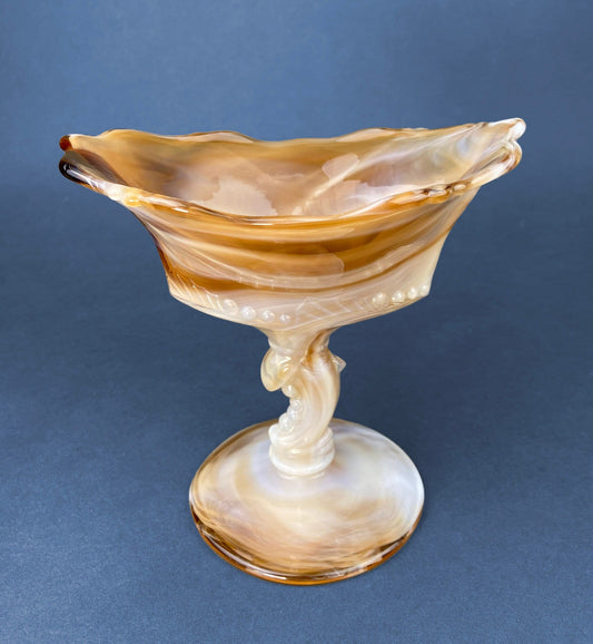 Vintage Slag Glass Footed Bowl. Brown and White Marbled Compote with Floral Base. Candy or Trinket  Dish. - Tampa Home & Garden Store