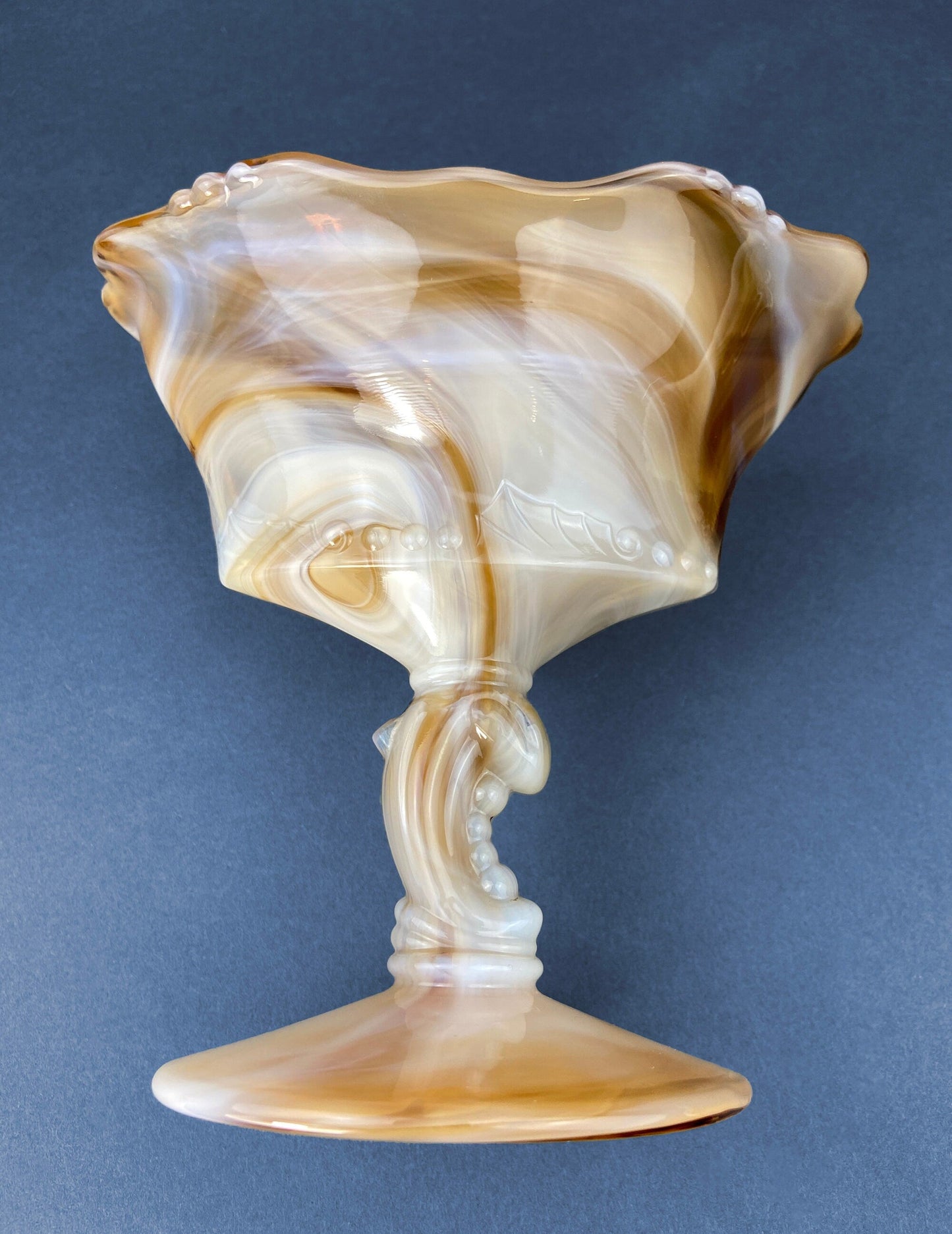 Vintage Slag Glass Footed Bowl. Brown and White Marbled Compote with Floral Base. Candy or Trinket  Dish. - Tampa Home & Garden Store