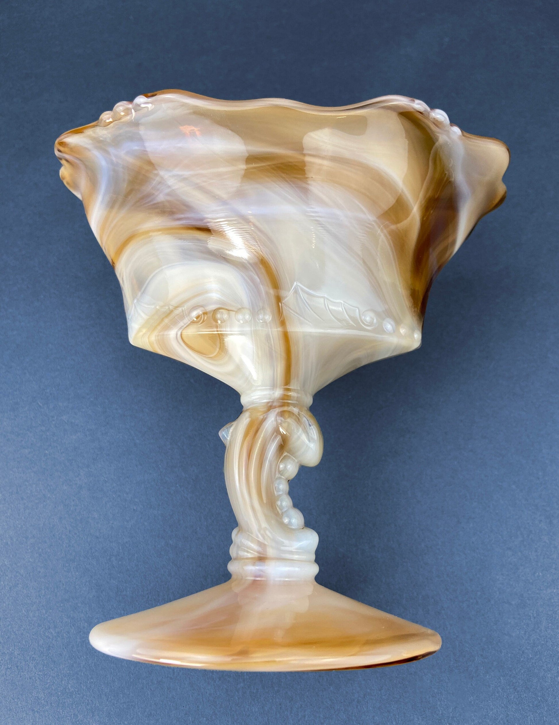 Vintage Slag Glass Footed Bowl. Brown and White Marbled Compote with Floral Base. Candy or Trinket  Dish. - Tampa Home & Garden Store