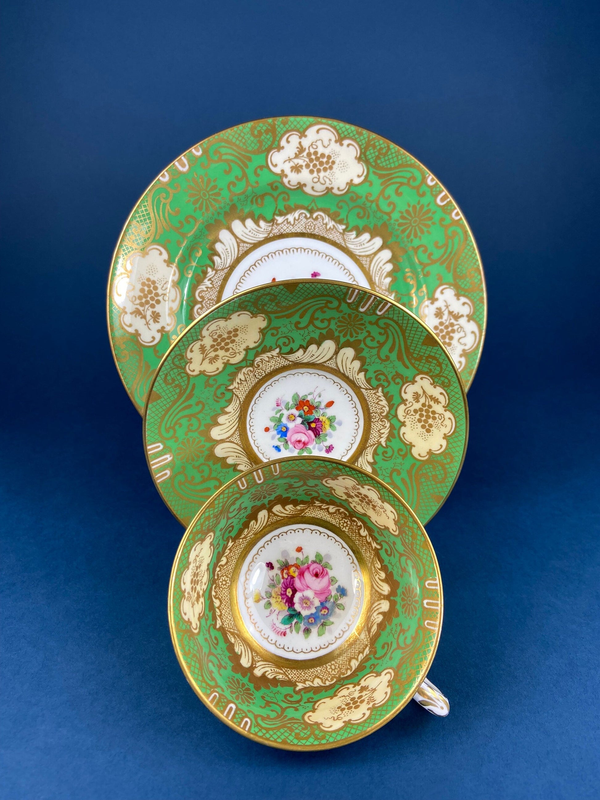 Vintage Staffordshire Tea Trio: Green, Gold, and Pink Porcelain Set - Tampa Home & Garden Store