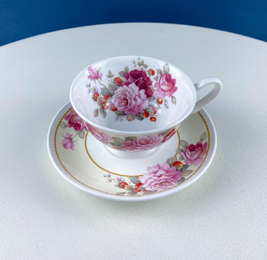 Vintage Stechcol Tea or Coffee Cup and Saucer with Roses and Strawberries Design. Dining Room Decor. Modern Farmhouse. Tea Garden Party. - Tampa Home & Garden Store