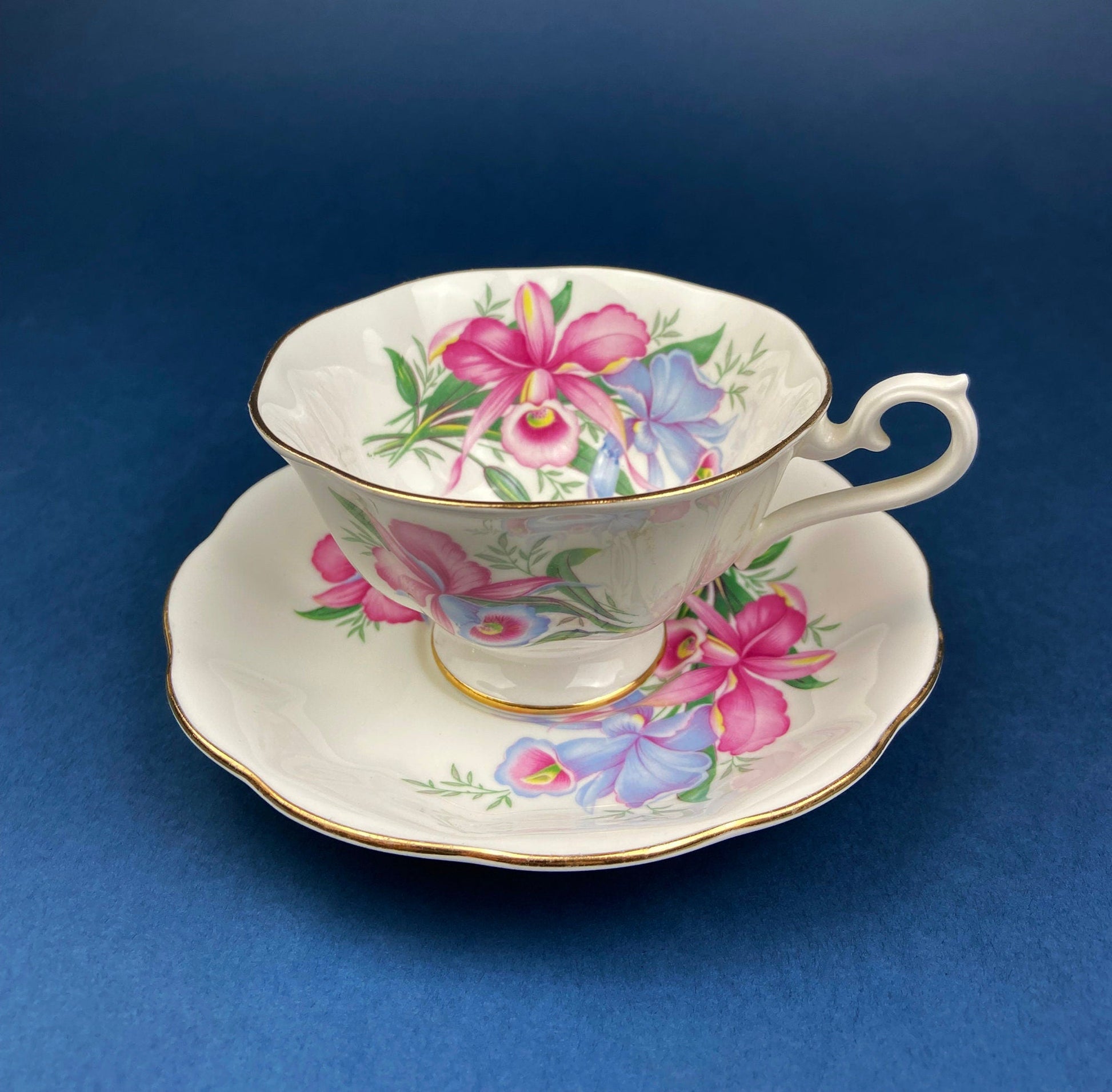 Vintage Tea/Coffee Cup and Saucer.  Royal Albert Orchid Motif. Fine Bone China. Made in England. Collectibles.  Replacements. - Tampa Home & Garden Store