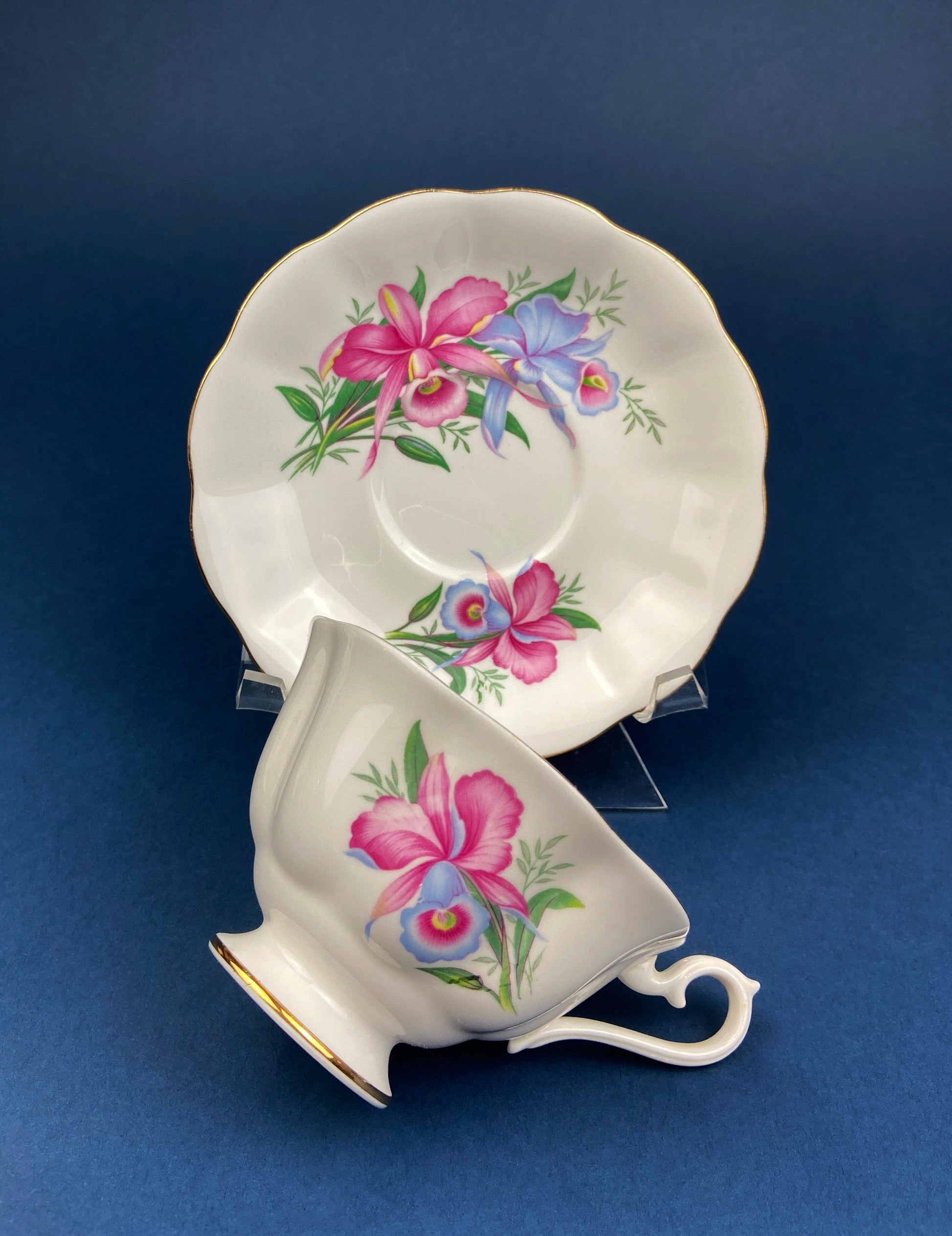 Vintage Tea/Coffee Cup and Saucer.  Royal Albert Orchid Motif. Fine Bone China. Made in England. Collectibles.  Replacements. - Tampa Home & Garden Store