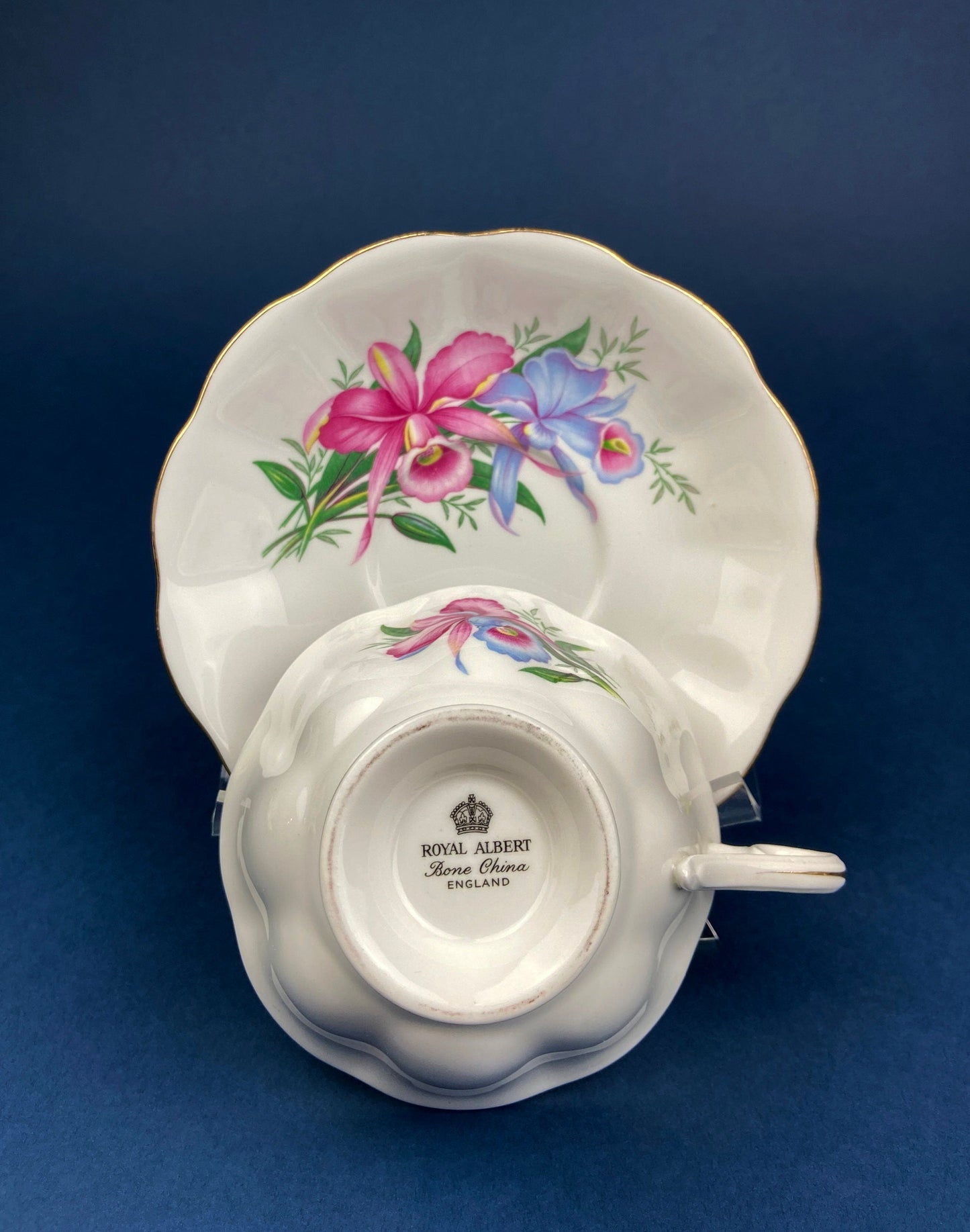 Vintage Tea/Coffee Cup and Saucer.  Royal Albert Orchid Motif. Fine Bone China. Made in England. Collectibles.  Replacements. - Tampa Home & Garden Store