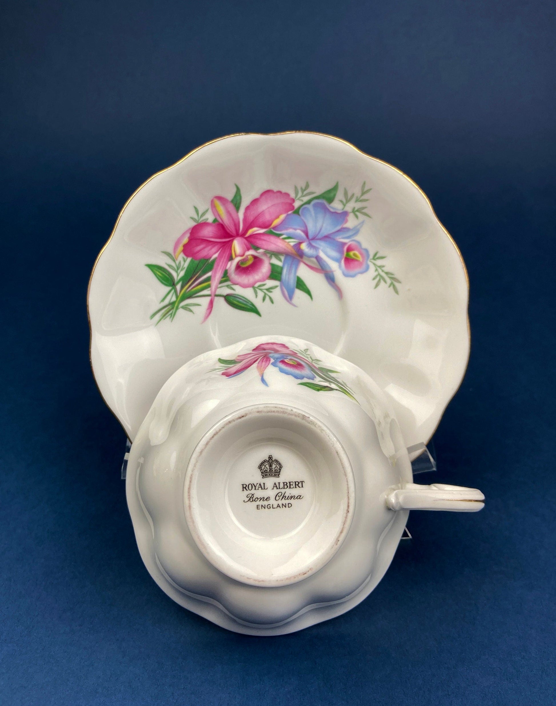 Vintage Tea/Coffee Cup and Saucer.  Royal Albert Orchid Motif. Fine Bone China. Made in England. Collectibles.  Replacements. - Tampa Home & Garden Store