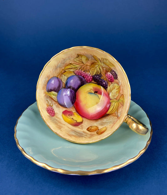 Vintage Tea Cup & Saucer. Aynsley Fine Bone China. Beautiful Fruit Motif: Peaches, Plums, Berries. Collectible Tea Set. Gift for Him or Her. - Tampa Home & Garden Store