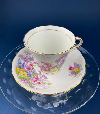 Vintage Tea Cup and Saucer. Hand Painted Summer Landscape Motif or Pastoral Scene. Colclough Fine Bone China. Made in Longton, England. - Tampa Home & Garden Store
