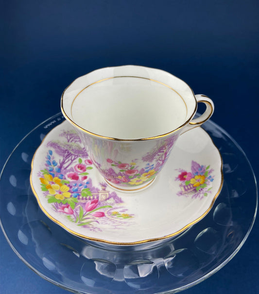 Vintage Tea Cup and Saucer. Hand Painted Summer Landscape Motif or Pastoral Scene. Colclough Fine Bone China. Made in Longton, England. - Tampa Home & Garden Store