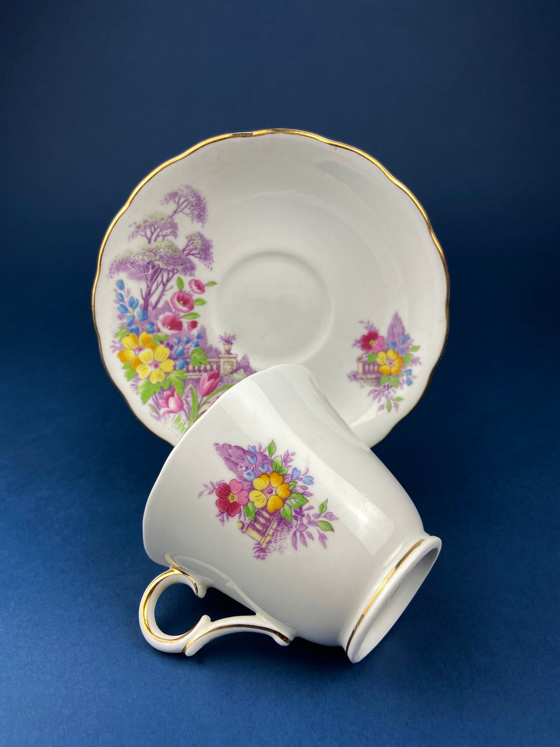 Vintage Tea Cup and Saucer. Hand Painted Summer Landscape Motif or Pastoral Scene. Colclough Fine Bone China. Made in Longton, England. - Tampa Home & Garden Store