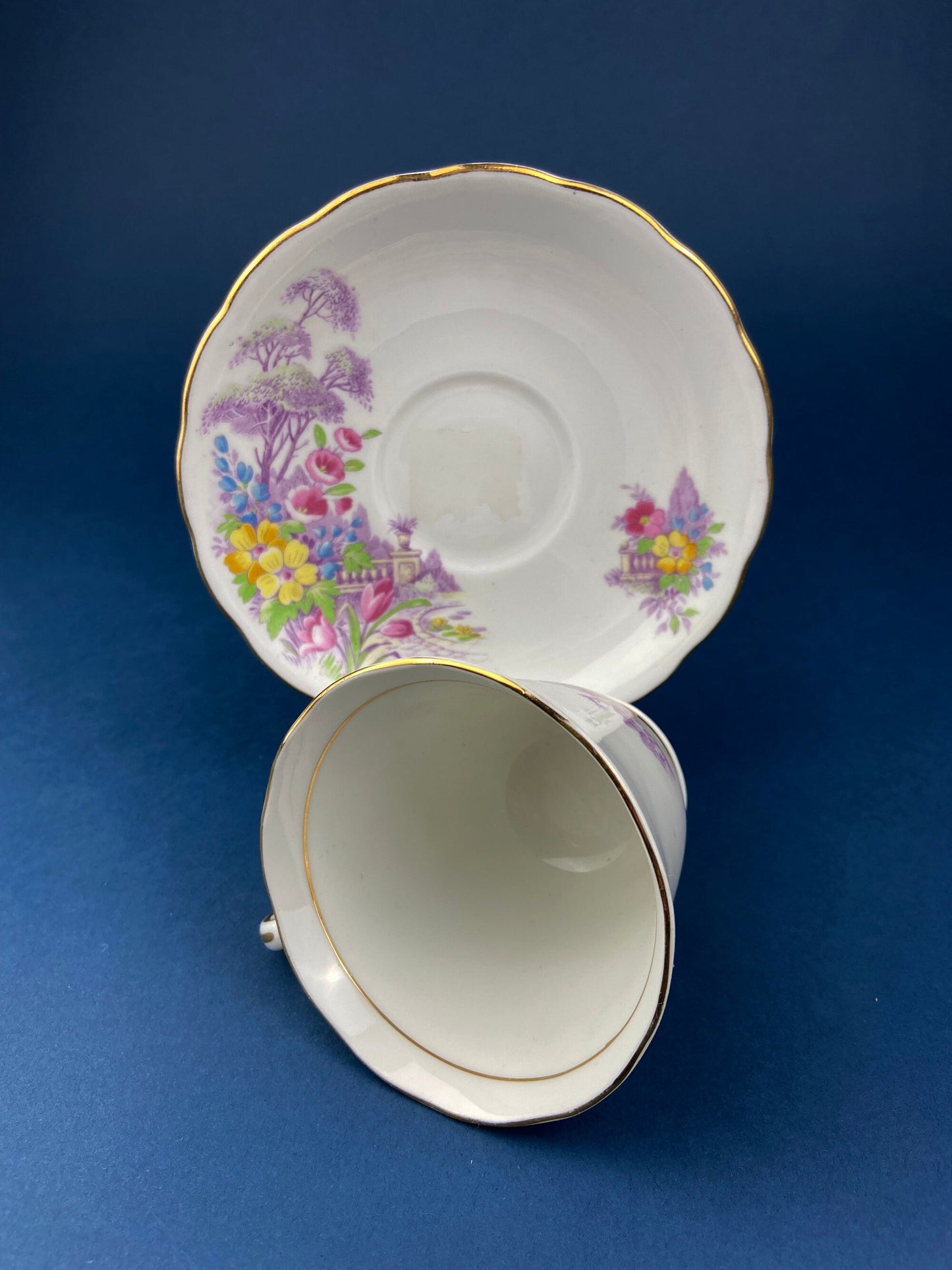 Vintage Tea Cup and Saucer. Hand Painted Summer Landscape Motif or Pastoral Scene. Colclough Fine Bone China. Made in Longton, England. - Tampa Home & Garden Store