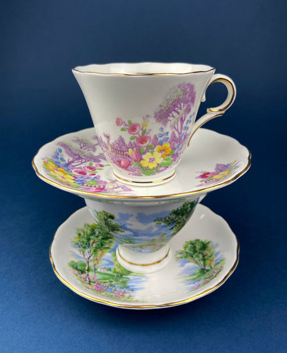 Vintage Tea Cup and Saucer. Hand Painted Summer Landscape Motif or Pastoral Scene. Colclough Fine Bone China. Made in Longton, England. - Tampa Home & Garden Store