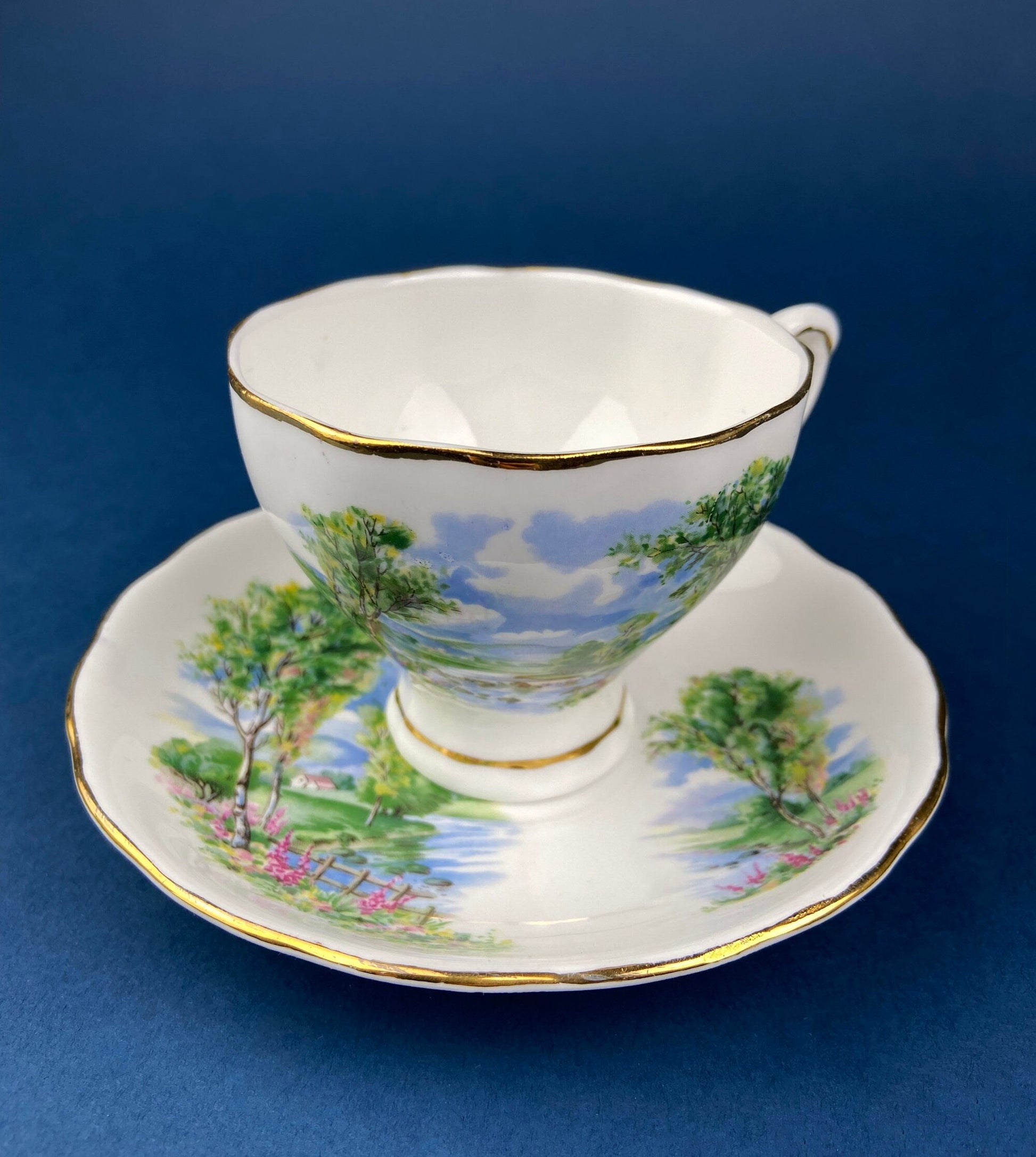 Vintage Tea Cup and Saucer. Hand Painted Summer Landscape Motif or Pastoral Scene. Colclough Fine Bone China. Made in Longton, England. - Tampa Home & Garden Store