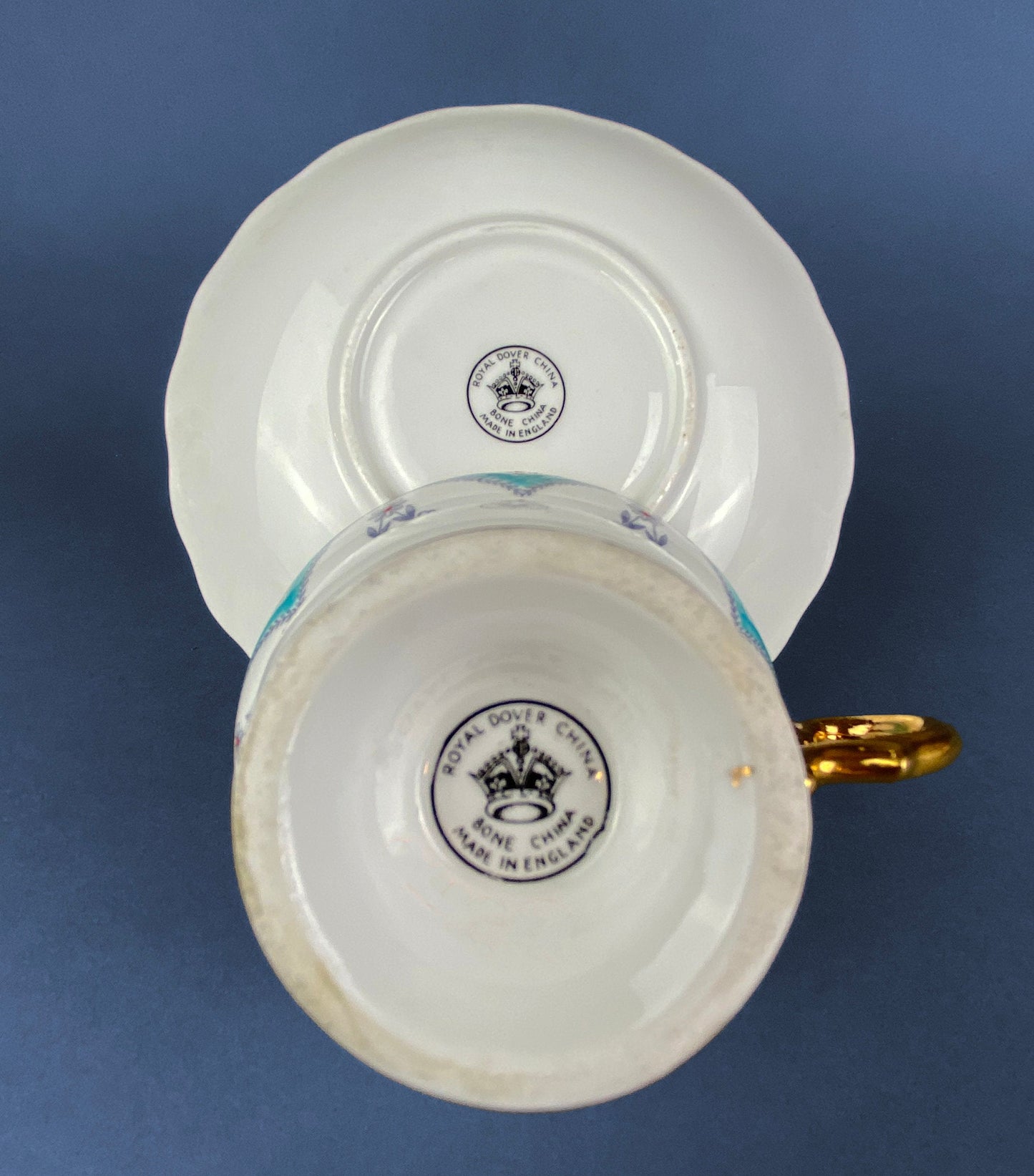 Vintage Tea Cup with Saucer.  Royal Dover Fine Bone China. Floral Wreath Motif. Made in England. - Tampa Home & Garden Store