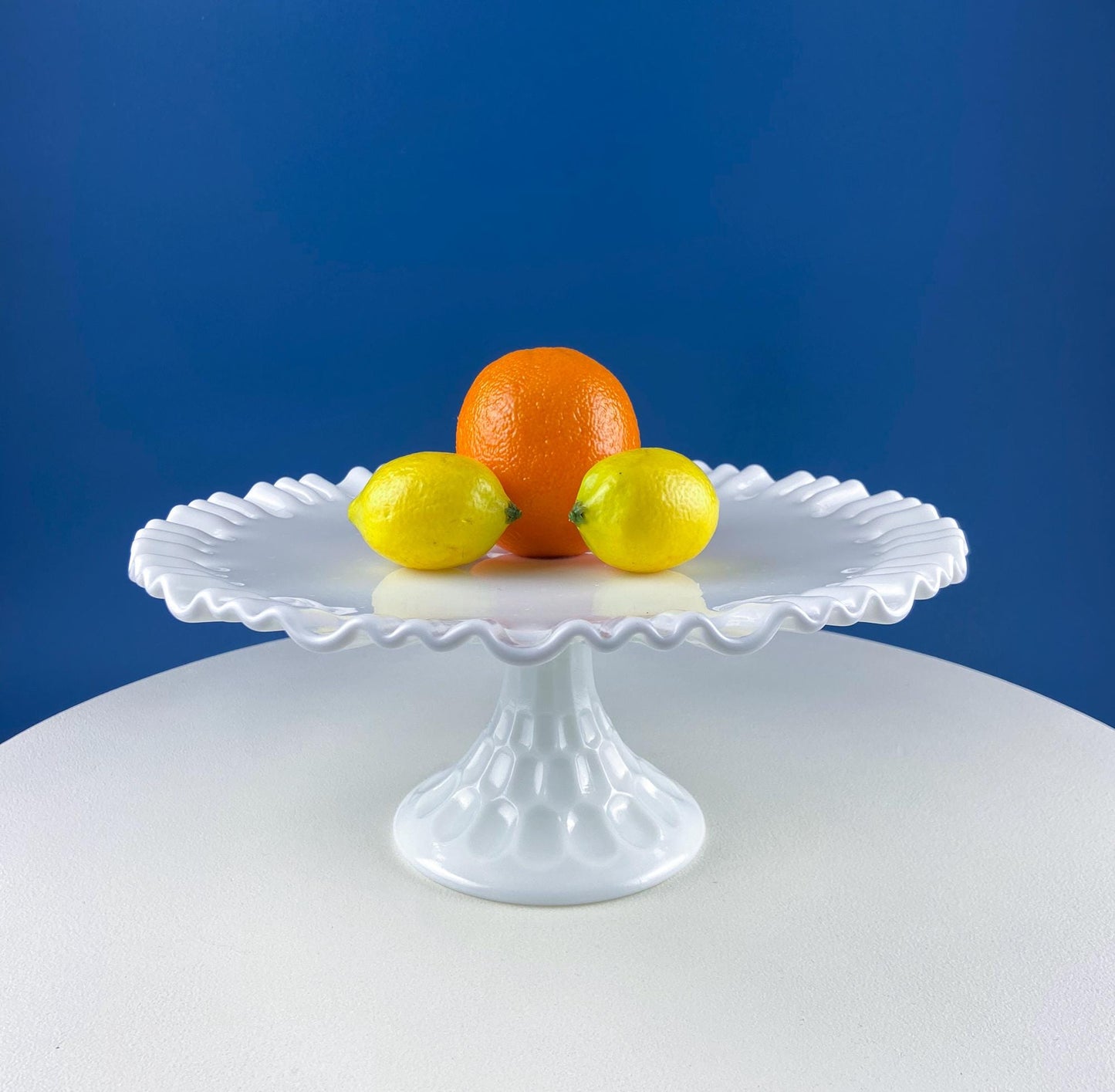 Vintage Thumb Print Milk Glass Cake Stand. White 12" Cake Serving Platter with Ruffled Edge. Wedding Birthday Holiday Celebration. - Tampa Home & Garden Store