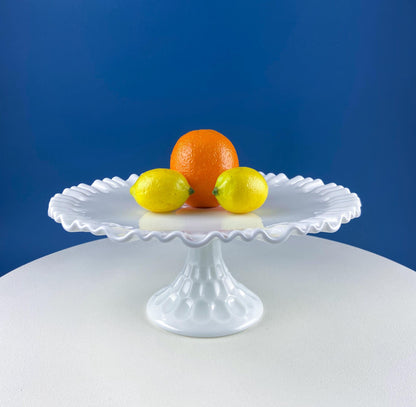 Vintage Thumb Print Milk Glass Cake Stand. White 12" Cake Serving Platter with Ruffled Edge. Wedding Birthday Holiday Celebration. - Tampa Home & Garden Store