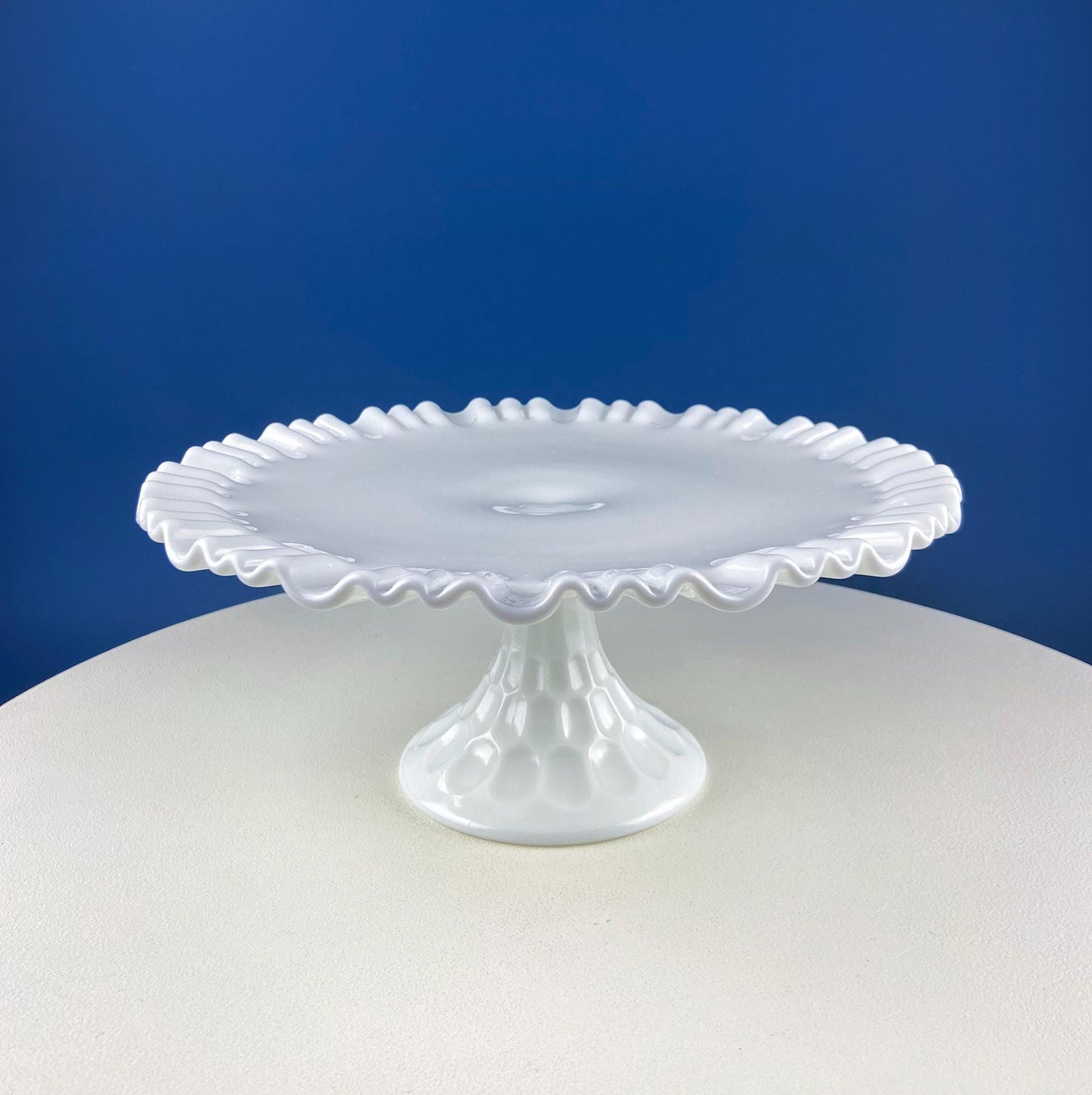 Vintage Thumb Print Milk Glass Cake Stand. White 12" Cake Serving Platter with Ruffled Edge. Wedding Birthday Holiday Celebration. - Tampa Home & Garden Store