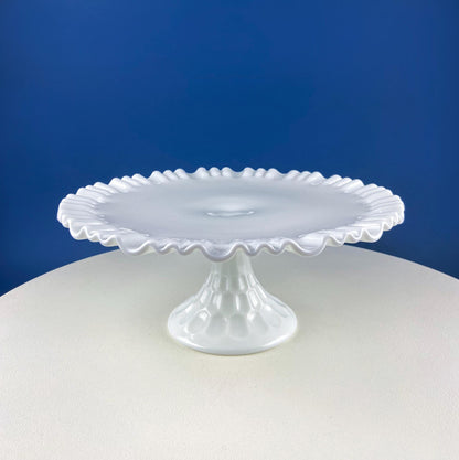 Vintage Thumb Print Milk Glass Cake Stand. White 12" Cake Serving Platter with Ruffled Edge. Wedding Birthday Holiday Celebration. - Tampa Home & Garden Store