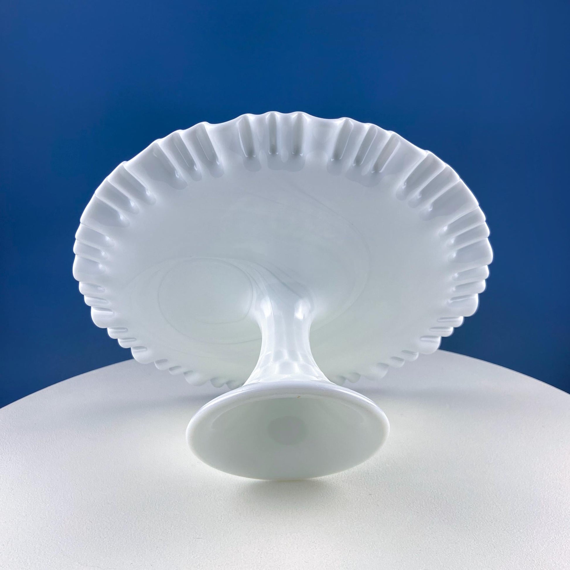 Vintage Thumb Print Milk Glass Cake Stand. White 12" Cake Serving Platter with Ruffled Edge. Wedding Birthday Holiday Celebration. - Tampa Home & Garden Store