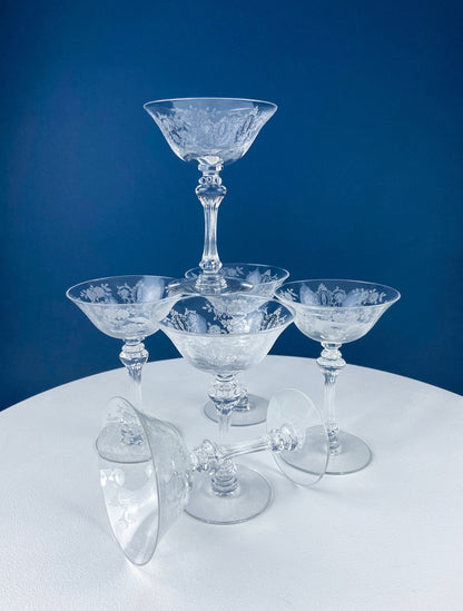 Vintage Tiffin Franciscan Champagne Stemware. Cherokee Rose Motif. Set of 8 Stunning Etched Champagne Glasses. Fine Dining. Fancy Barware. - Tampa Home & Garden Store
