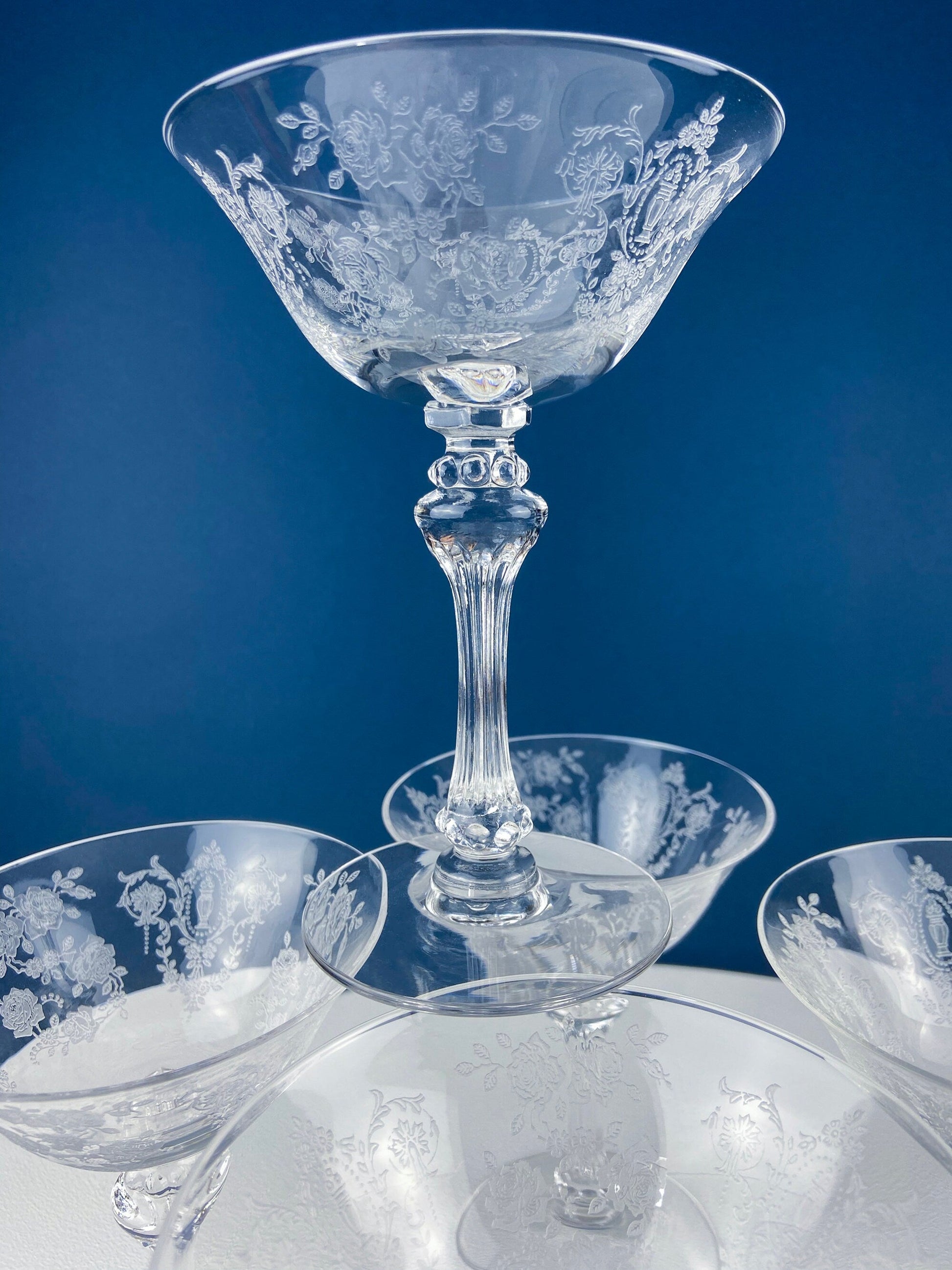 Vintage Tiffin Franciscan Champagne Stemware. Cherokee Rose Motif. Set of 8 Stunning Etched Champagne Glasses. Fine Dining. Fancy Barware. - Tampa Home & Garden Store