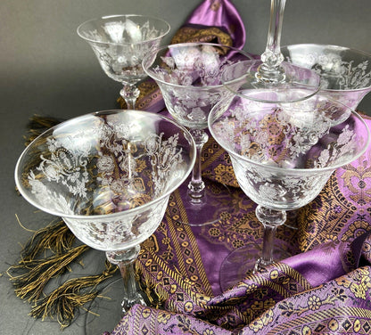 Vintage Tiffin Franciscan Champagne Stemware. Cherokee Rose Motif. Set of 8 Stunning Etched Champagne Glasses. Fine Dining. Fancy Barware. - Tampa Home & Garden Store