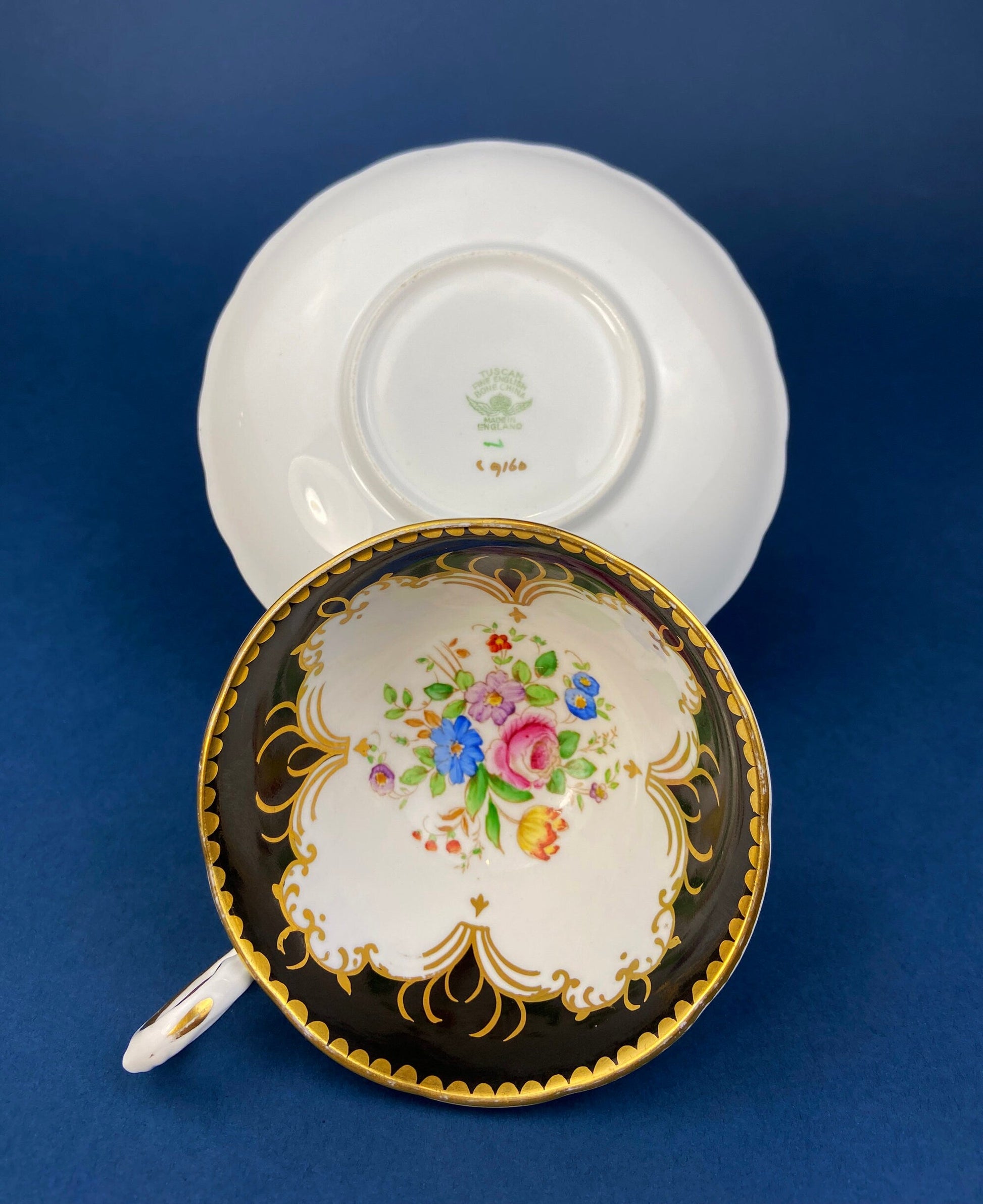 Vintage Tuscan Teacup and Saucer: Black, White, Gold Floral Bone China - Tampa Home & Garden Store