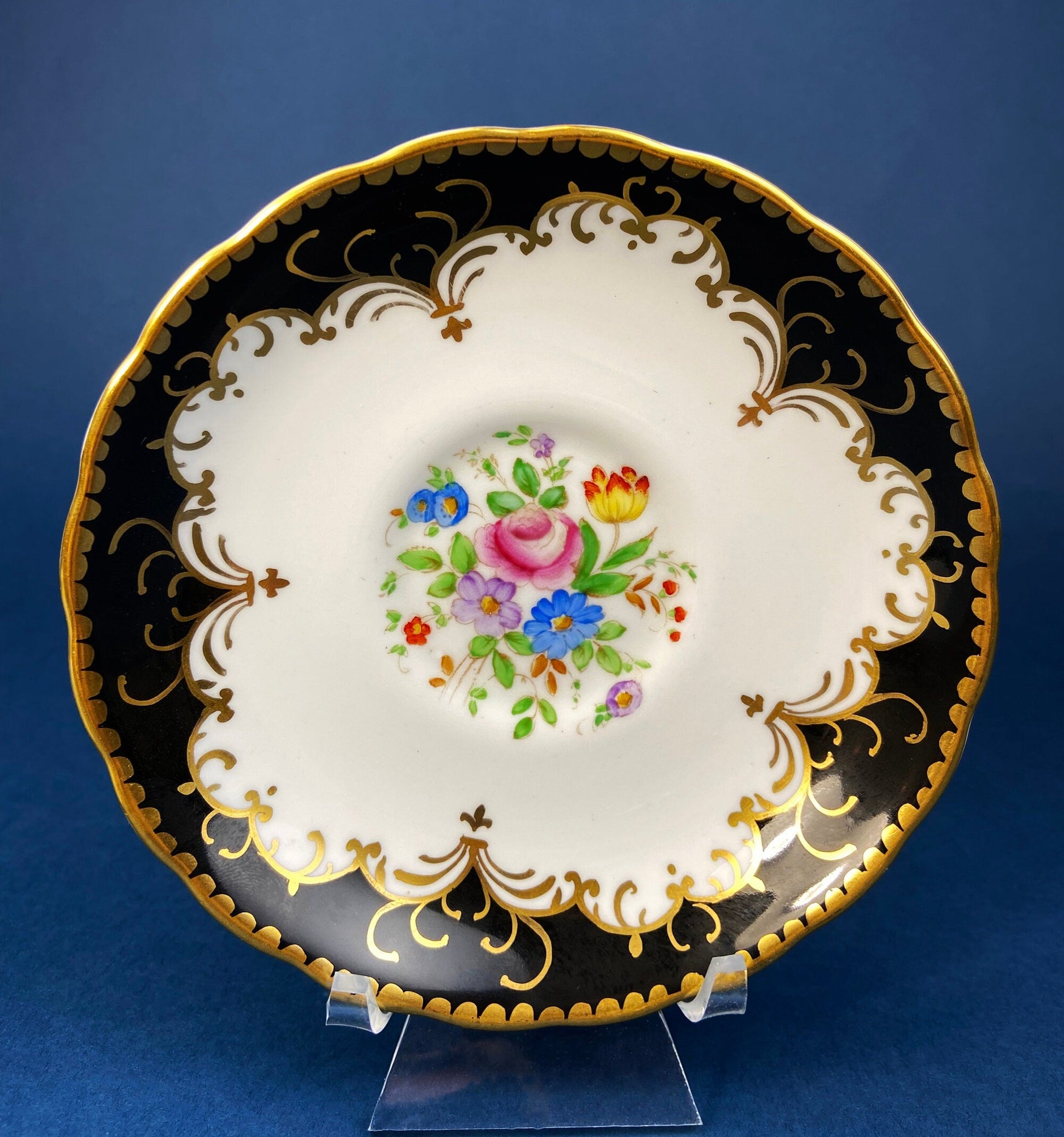 Vintage Tuscan Teacup and Saucer: Black, White, Gold Floral Bone China - Tampa Home & Garden Store
