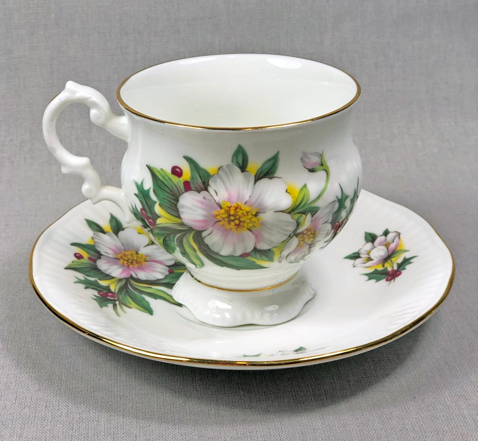 Vintage Tuscan Teacup and Saucer: Black, White, Gold Floral Bone China - Tampa Home & Garden Store