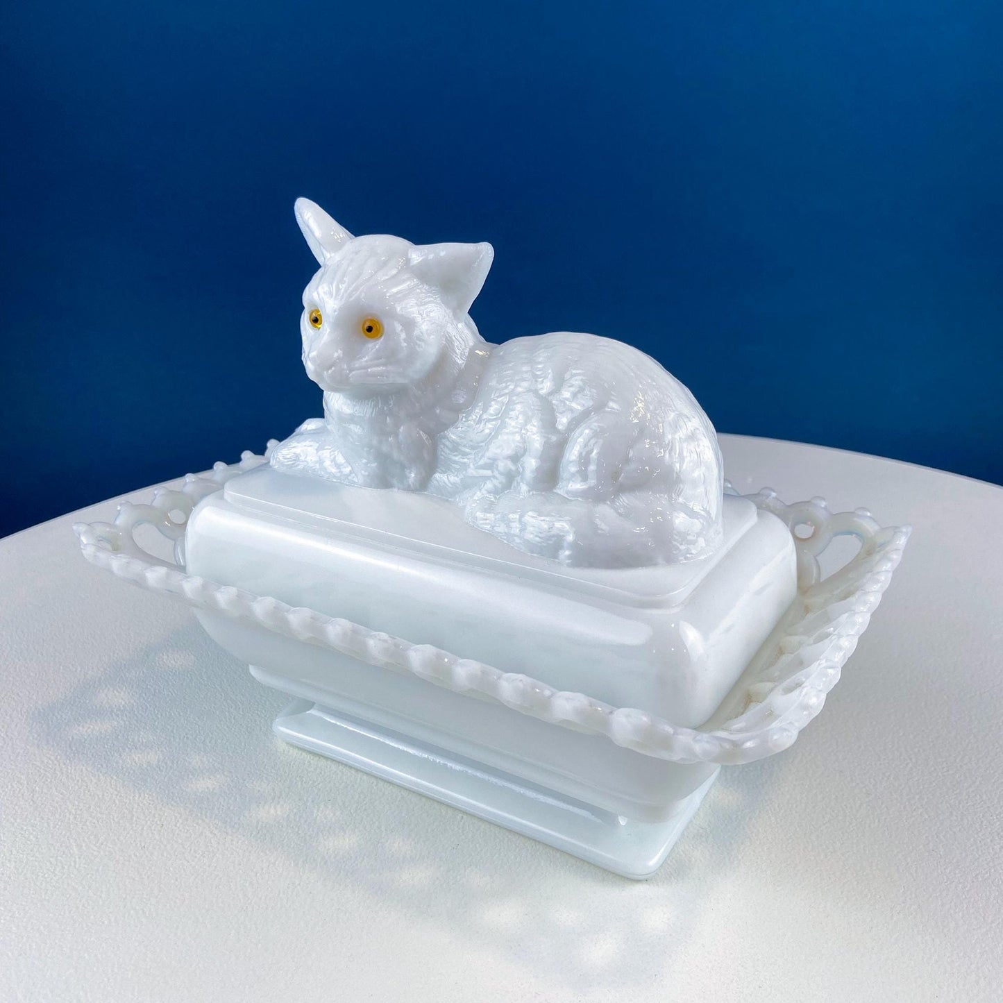Vintage Westmoreland Milk Glass Cat Covered Dish. Trinket Condiment Serving Dish. Bath Display. Reticulated Lacey Edge. Gift for Cat Lover. - Tampa Home & Garden Store