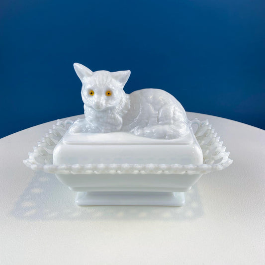 Vintage Westmoreland Milk Glass Cat Covered Dish. Trinket Condiment Serving Dish. Bath Display. Reticulated Lacey Edge. Gift for Cat Lover. - Tampa Home & Garden Store