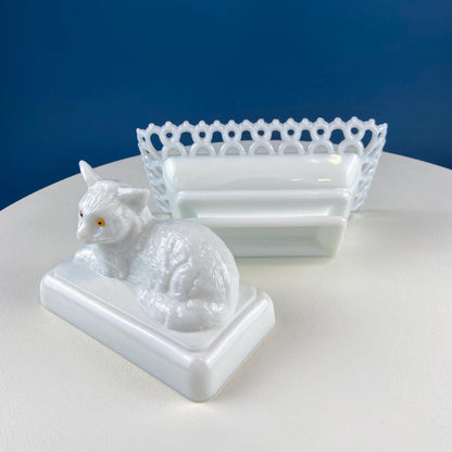 Vintage Westmoreland Milk Glass Cat Covered Dish. Trinket Condiment Serving Dish. Bath Display. Reticulated Lacey Edge. Gift for Cat Lover. - Tampa Home & Garden Store