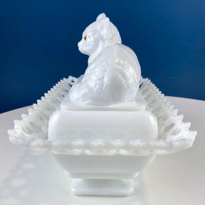 Vintage Westmoreland Milk Glass Cat Covered Dish. Trinket Condiment Serving Dish. Bath Display. Reticulated Lacey Edge. Gift for Cat Lover. - Tampa Home & Garden Store
