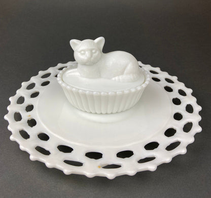 Vintage Westmoreland Milk Glass Cat Covered Dish. Trinket Condiment Serving Dish. Bath Display. Reticulated Lacey Edge. Gift for Cat Lover. - Tampa Home & Garden Store
