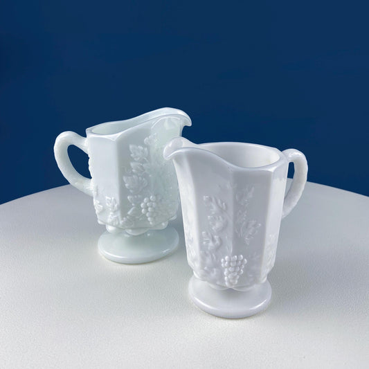 Vintage Westmoreland Milk Glass Pitchers with Vine & Grape Motif. 2 White Creamers.  Dining Room Table Decor. Serveware. Gift for Him or Her - Tampa Home & Garden Store