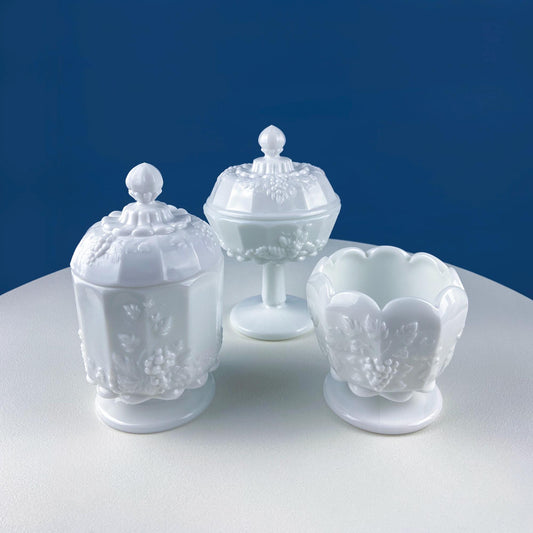 Vintage Westmoreland Milk Glass Serving Storage Dish Set with Vine & Grape Motif. Lidded Candy Dish, Jam Jar. Bath Dining Rm Table Decor. - Tampa Home & Garden Store