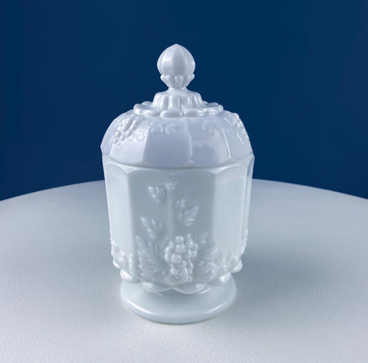 Vintage Westmoreland Milk Glass Serving Storage Dish Set with Vine & Grape Motif. Lidded Candy Dish, Jam Jar. Bath Dining Rm Table Decor. - Tampa Home & Garden Store