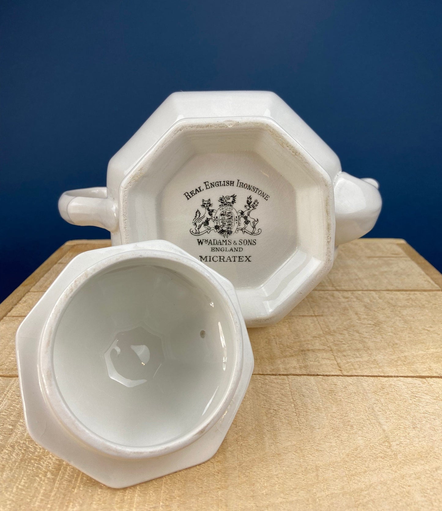 Vintage White Tea Pot and Sugar Bowl. Real English Ironstone by WM Adams and Sons. Micratex, England. - Tampa Home & Garden Store
