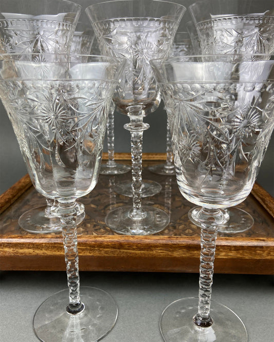 Vintage Wine/Water Goblets. Cut Crystal Tall Stemware.  Daisy Garland Motif.  Set of Ten Glasses - Tampa Home & Garden Store