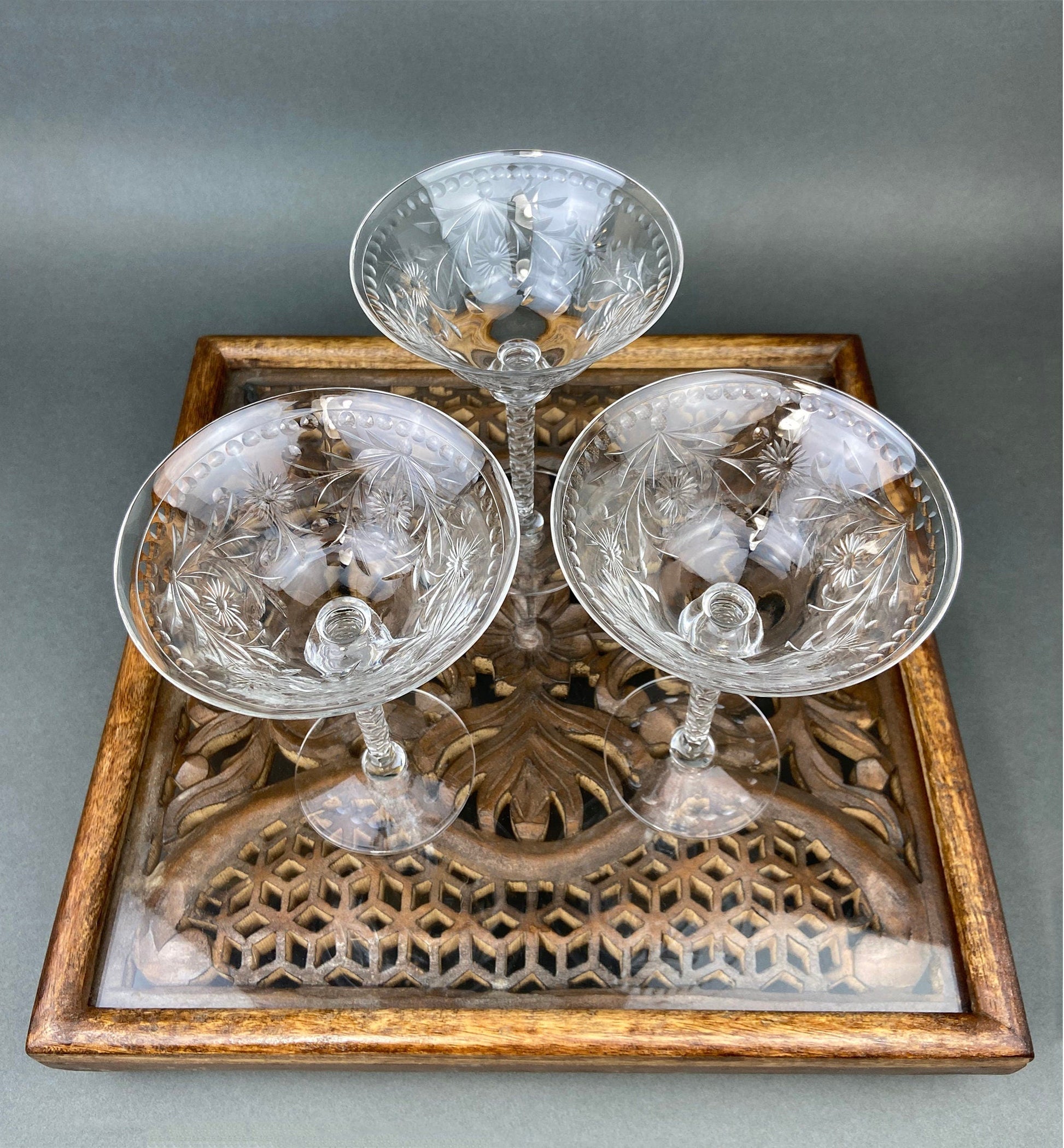Vintage Wine/Water Goblets. Cut Crystal Tall Stemware.  Daisy Garland Motif.  Set of Ten Glasses - Tampa Home & Garden Store