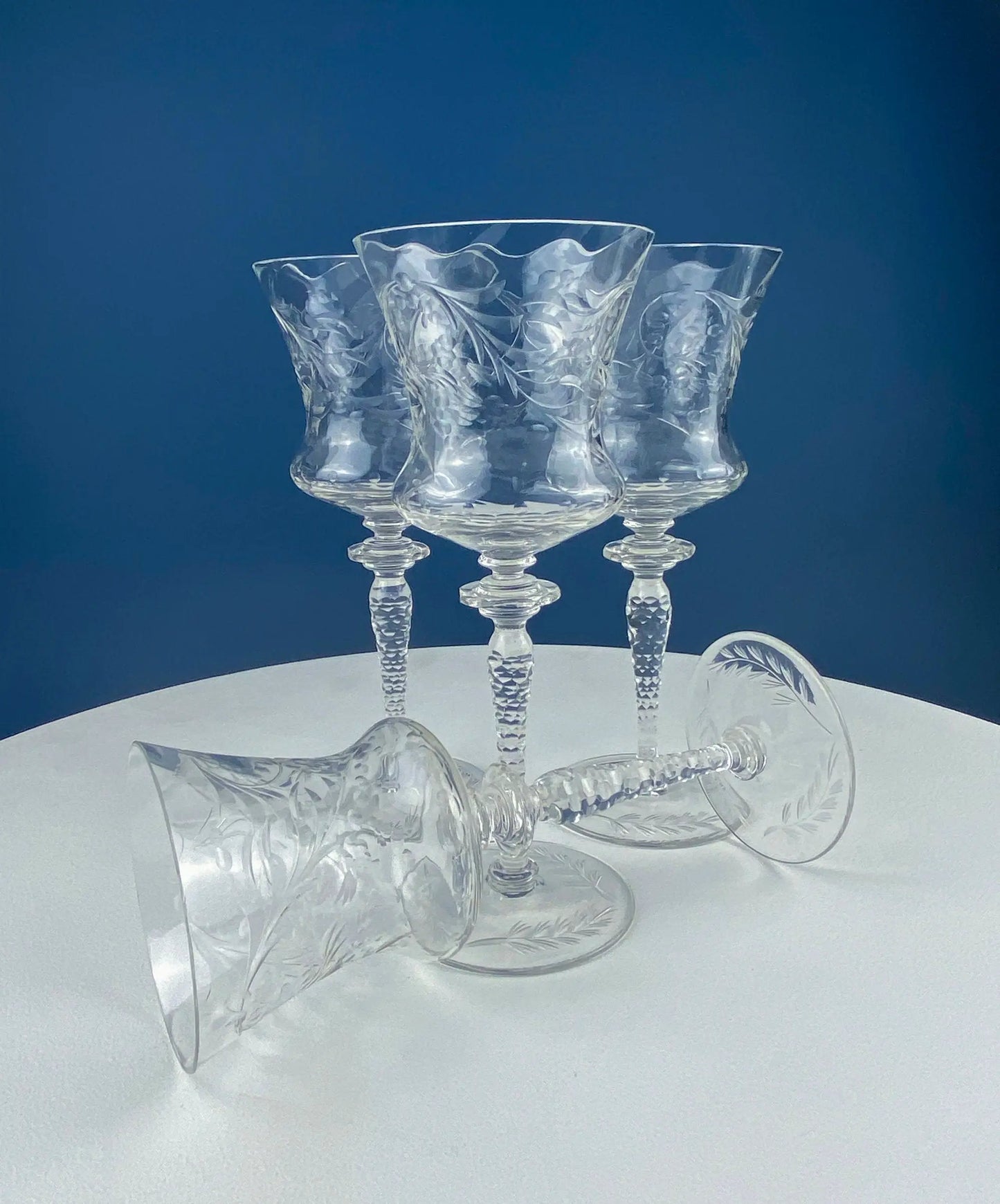 Set of 4 Newton Crystal goblets with swirl optic and cut floral engravings on Tampa Home & Garden Store