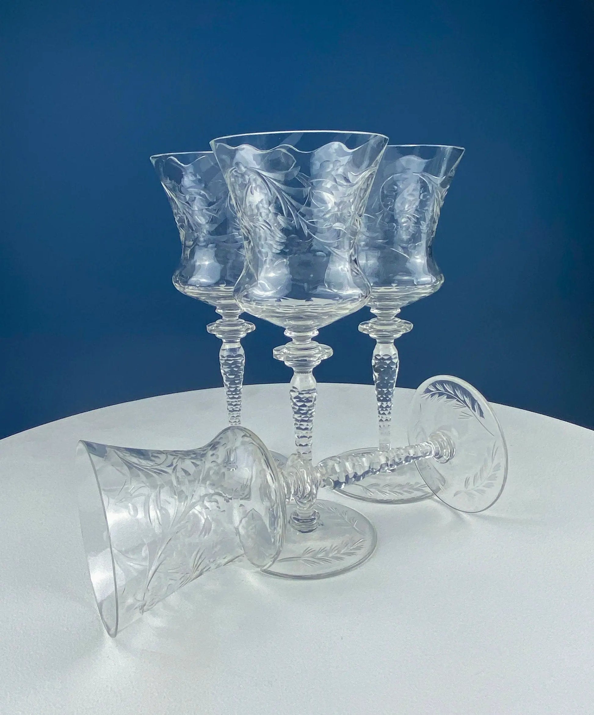 Set of 4 Newton Crystal goblets with swirl optic and cut floral engravings on Tampa Home & Garden Store