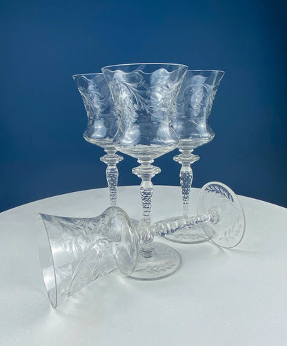 Set of 4 Newton Crystal goblets with swirl optic and cut floral engravings on Tampa Home & Garden Store