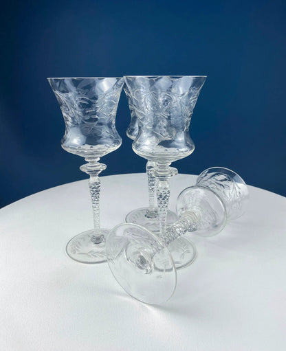 Set of 4 Newton Crystal goblets with etched floral swirl pattern in clear crystal stemware on Tampa Home & Garden Store