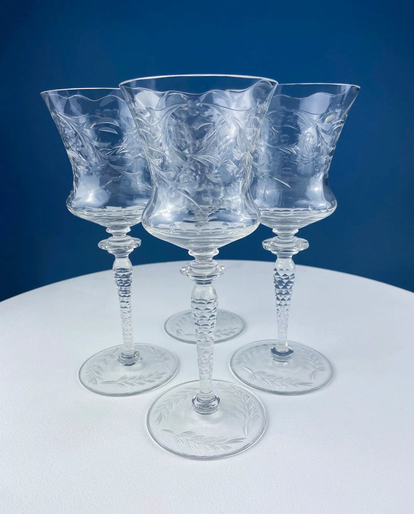 Set of 4 Newton Crystal goblets with etched leaf pattern and faceted stems on Tampa Home & Garden Store