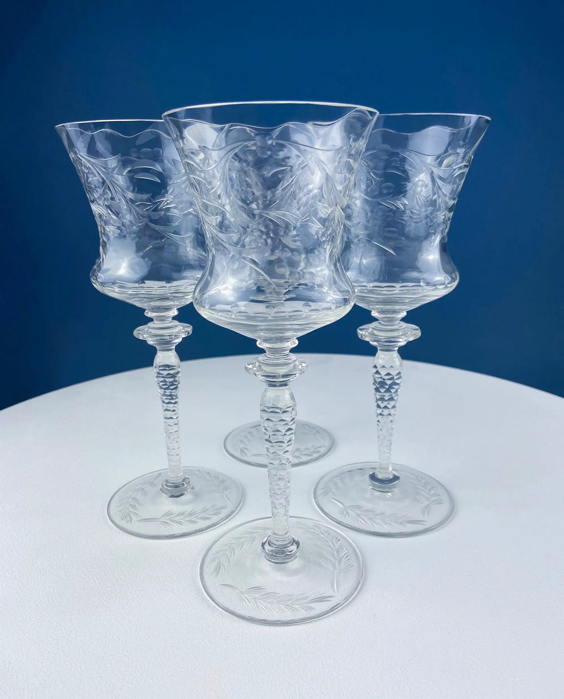 Set of 4 Newton Crystal goblets with etched leaf pattern and faceted stems on Tampa Home & Garden Store