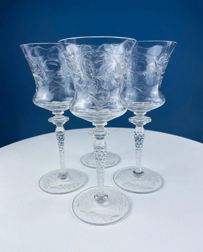 Set of 4 Newton Crystal goblets with etched leaf pattern and faceted stems on Tampa Home & Garden Store