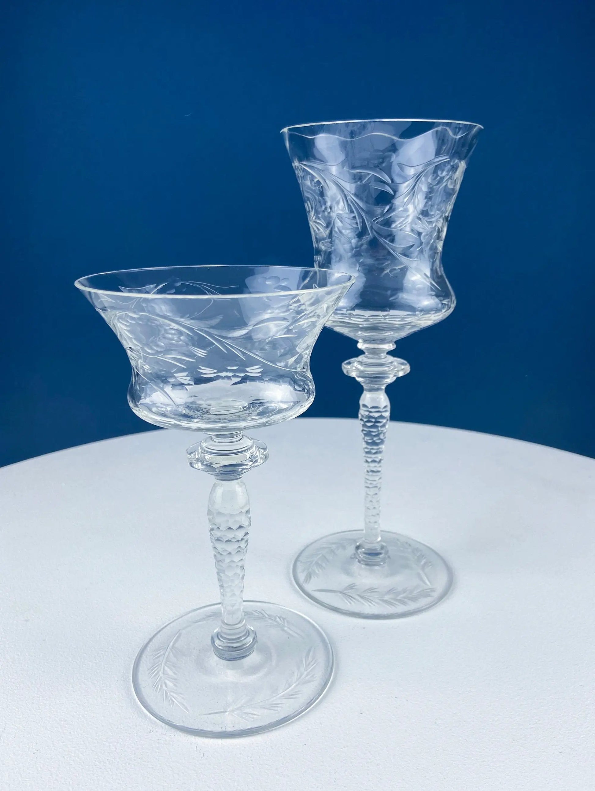 Two etched Newton Crystal goblets with swirl floral etching in clear crystal on Tampa Home & Garden Store