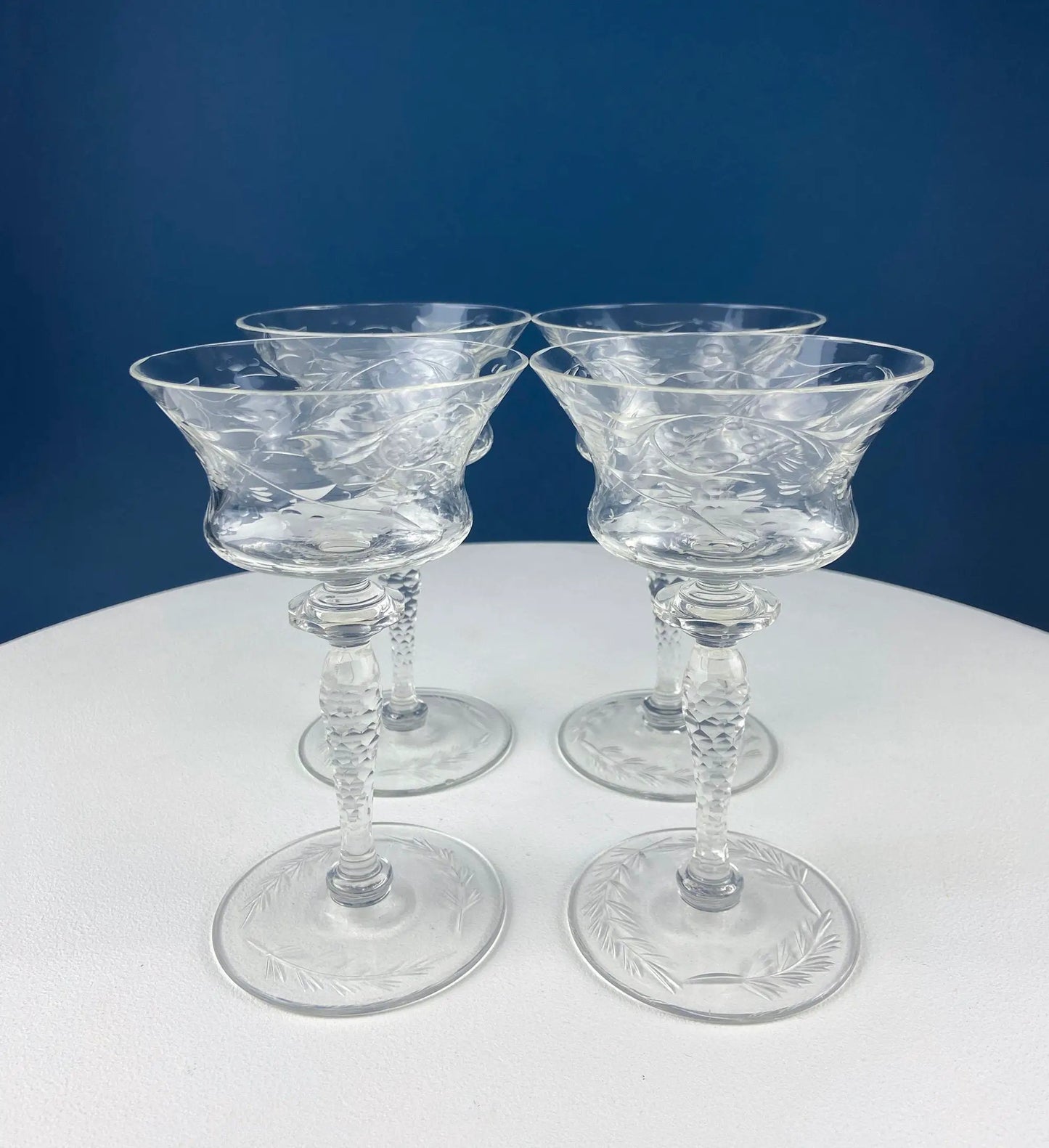 Set of 4 Newton Crystal goblets stemware in clear crystal with etched swirl floral pattern on Tampa Home & Garden Store