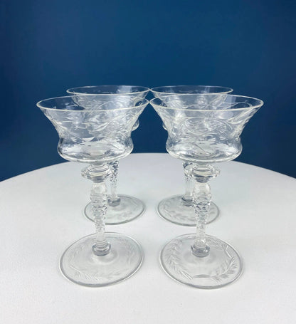 Set of 4 Newton Crystal goblets stemware in clear crystal with etched swirl floral pattern on Tampa Home & Garden Store