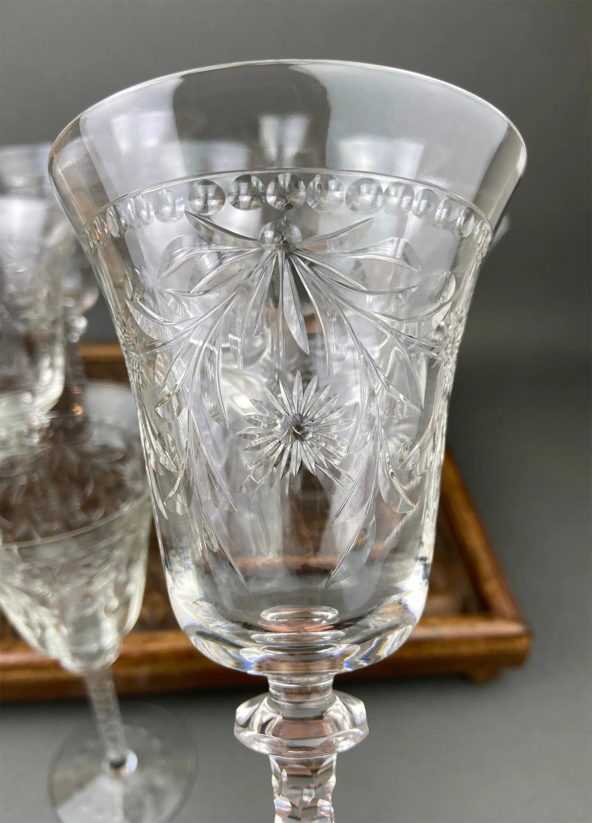 Set of 4 Newton Crystal goblets stemware; clear crystal with swirl optic and starburst etching on Tampa Home & Garden Store